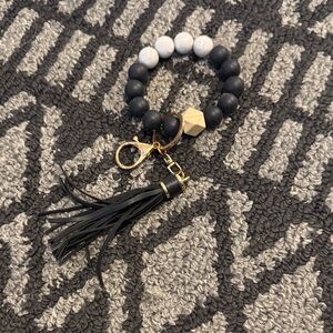 Black & White Beaded Tassel Wristlet Keychain Bracelet